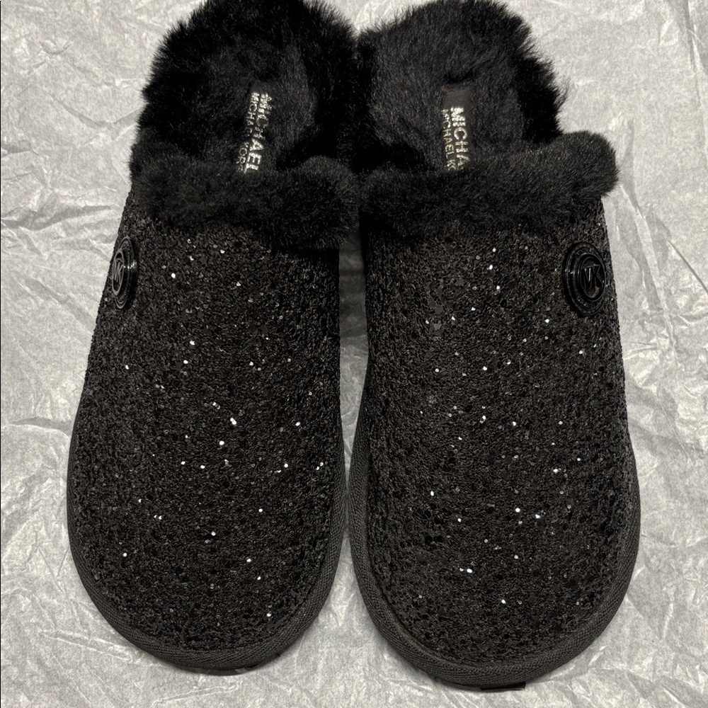 Michael Kors Black Glitter, faux fur lining, Women's Slippers, size 8-81/2